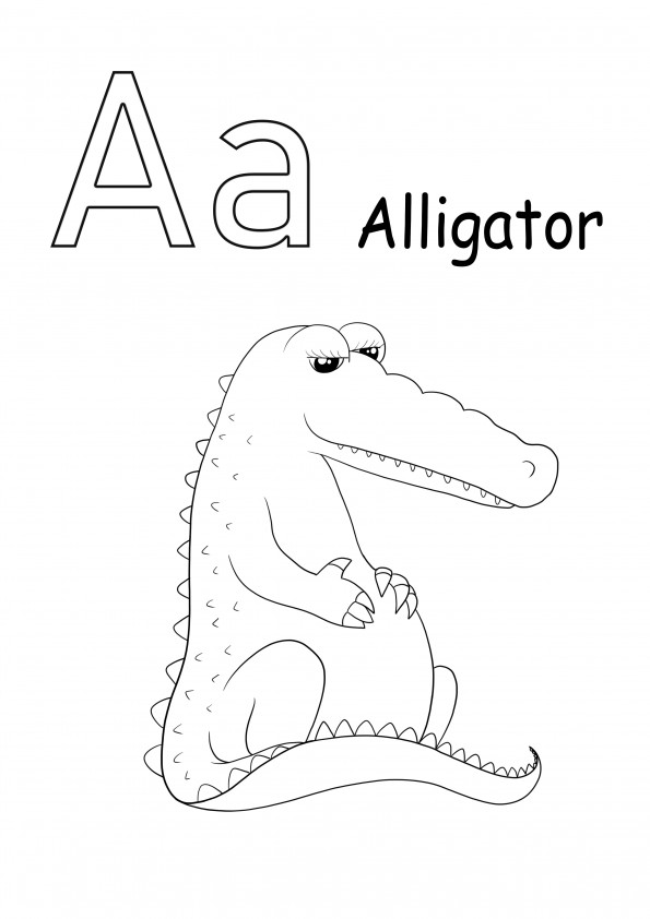 A on alligaattorille ilmainen ladattava kuva lasten väritettäväksi