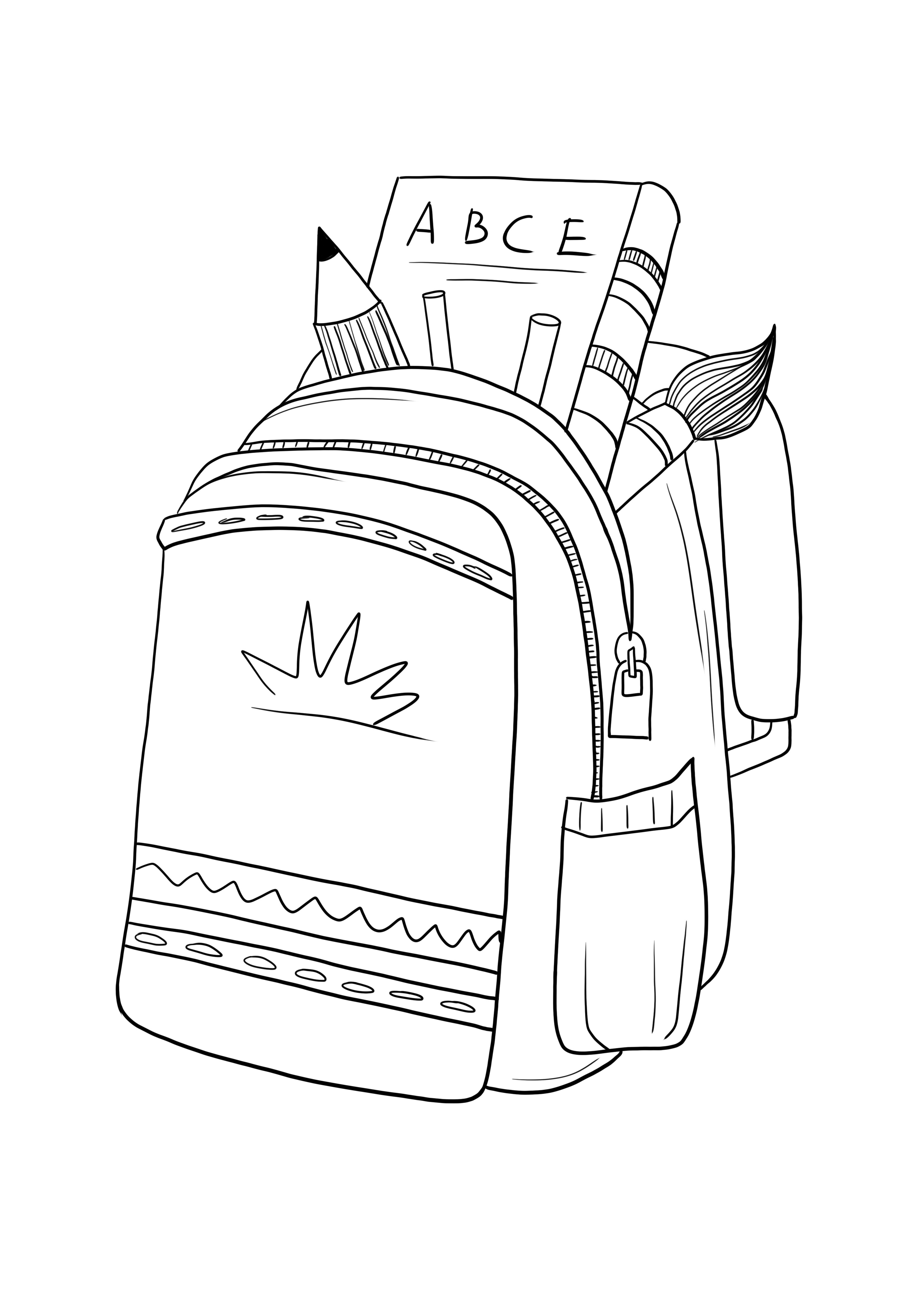 Iskolai hátizsák tele kellékekkel színezéshez és ingyenes nyomtatási lapokhoz