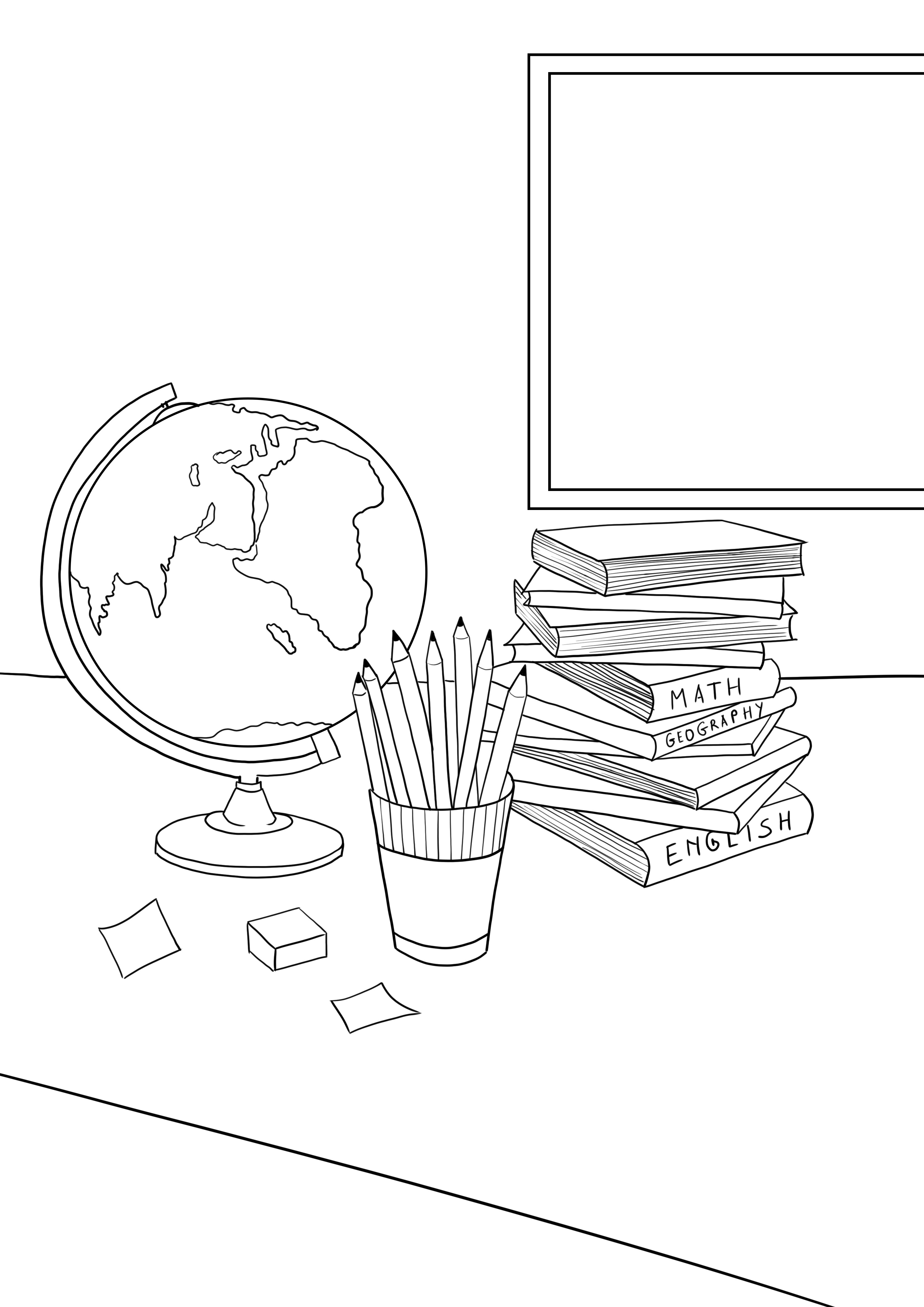 Schoolboeken-potloden-globe gratis te printen voor kinderen van alle leeftijden kleurplaat