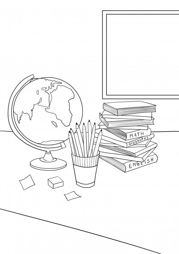 Schulbücher-Bleistifte-Globus zum kostenlosen Ausdrucken für Kinder jeden Alters
