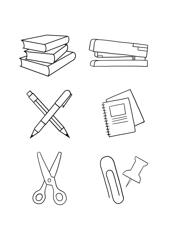 A simple coloring page of books-pins-pens-stapler for free downloading