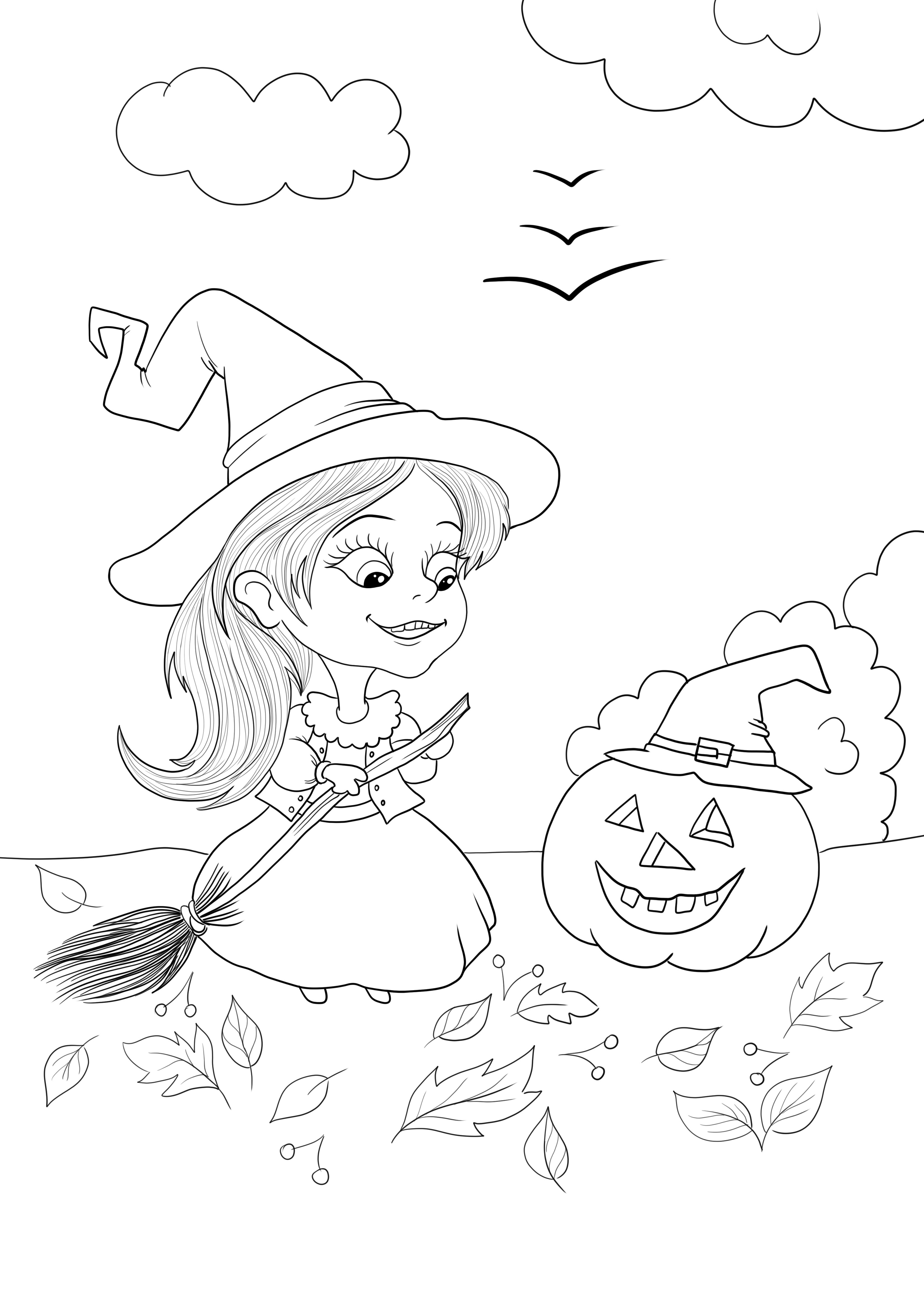 Meisje in een Halloween-heksenkostuum gratis te kleuren en te downloaden kleurplaat