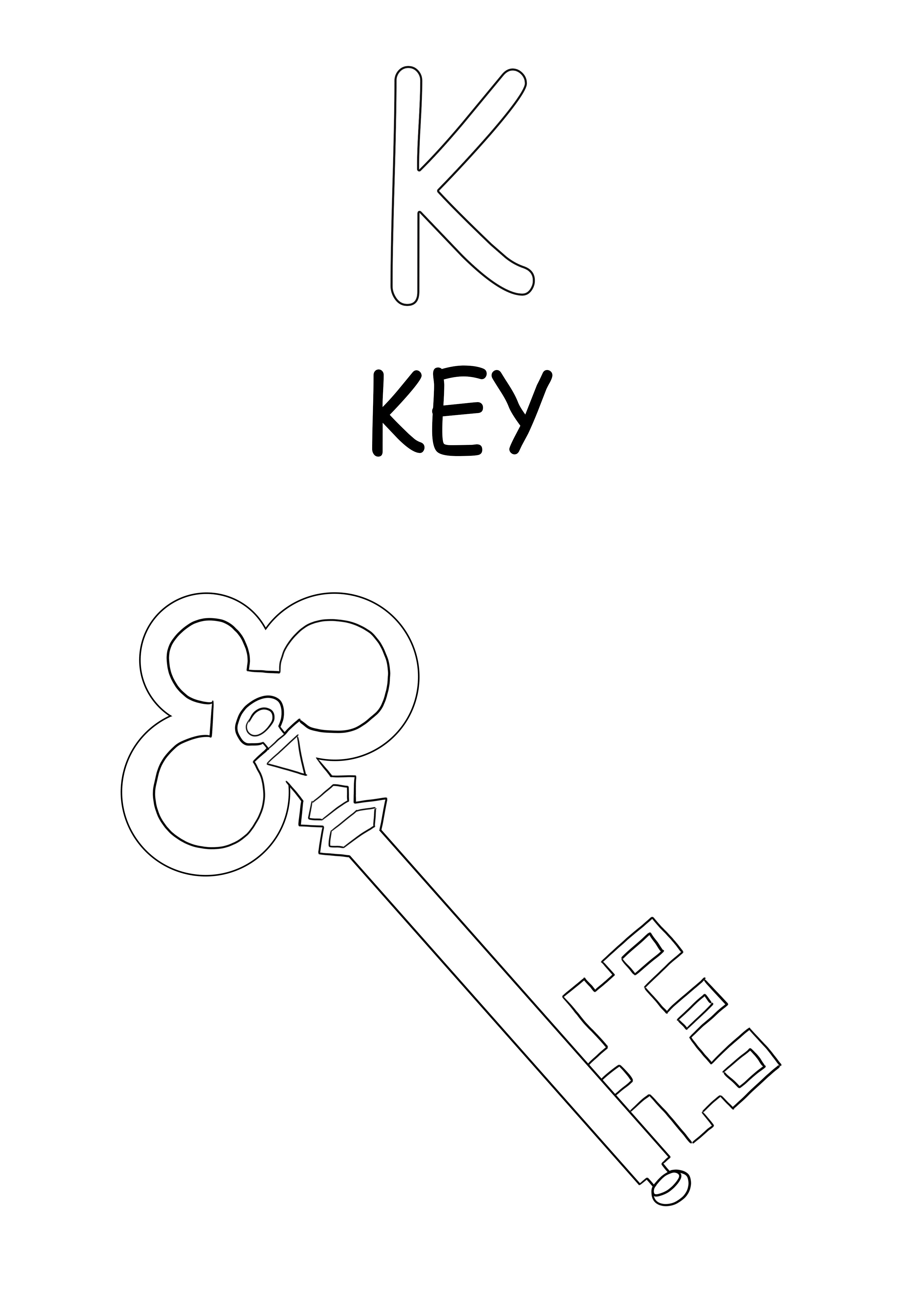 K majuscule este pentru colorarea cheii și imaginea de imprimare gratuită