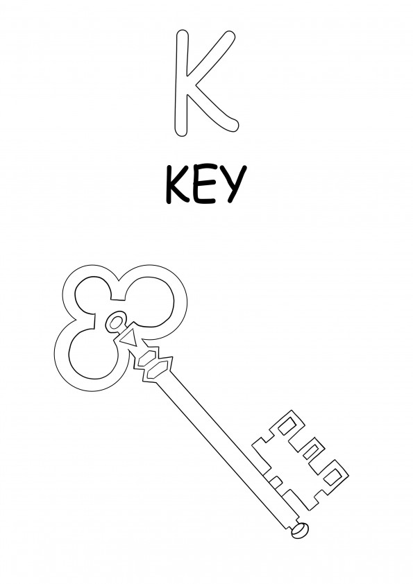 K majuscule este pentru colorarea cheii și imaginea de imprimare gratuită