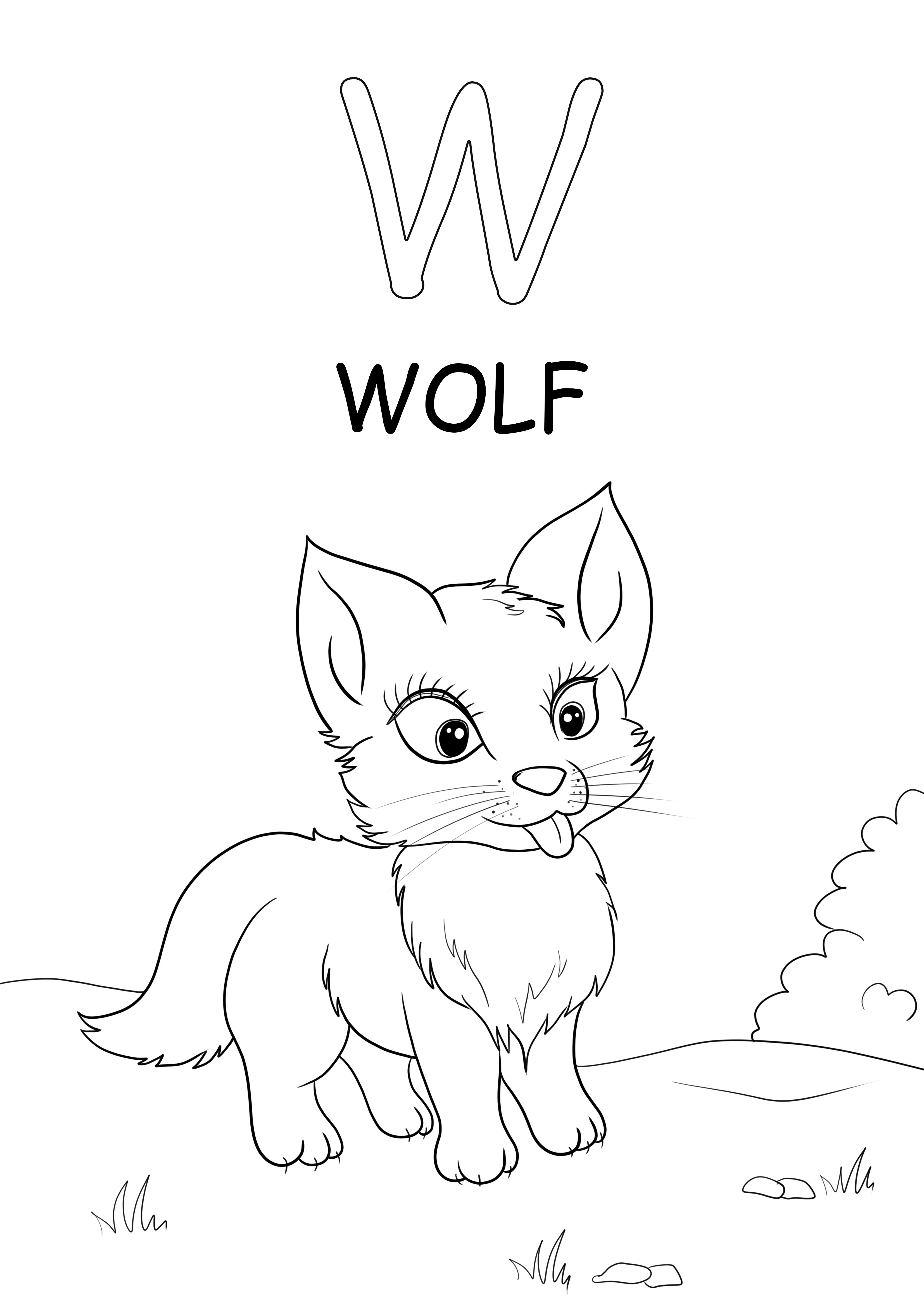 Word-wolf in hoofdletters begint met de W-letter, vrij om de pagina in te kleuren en af te drukken kleurplaat
