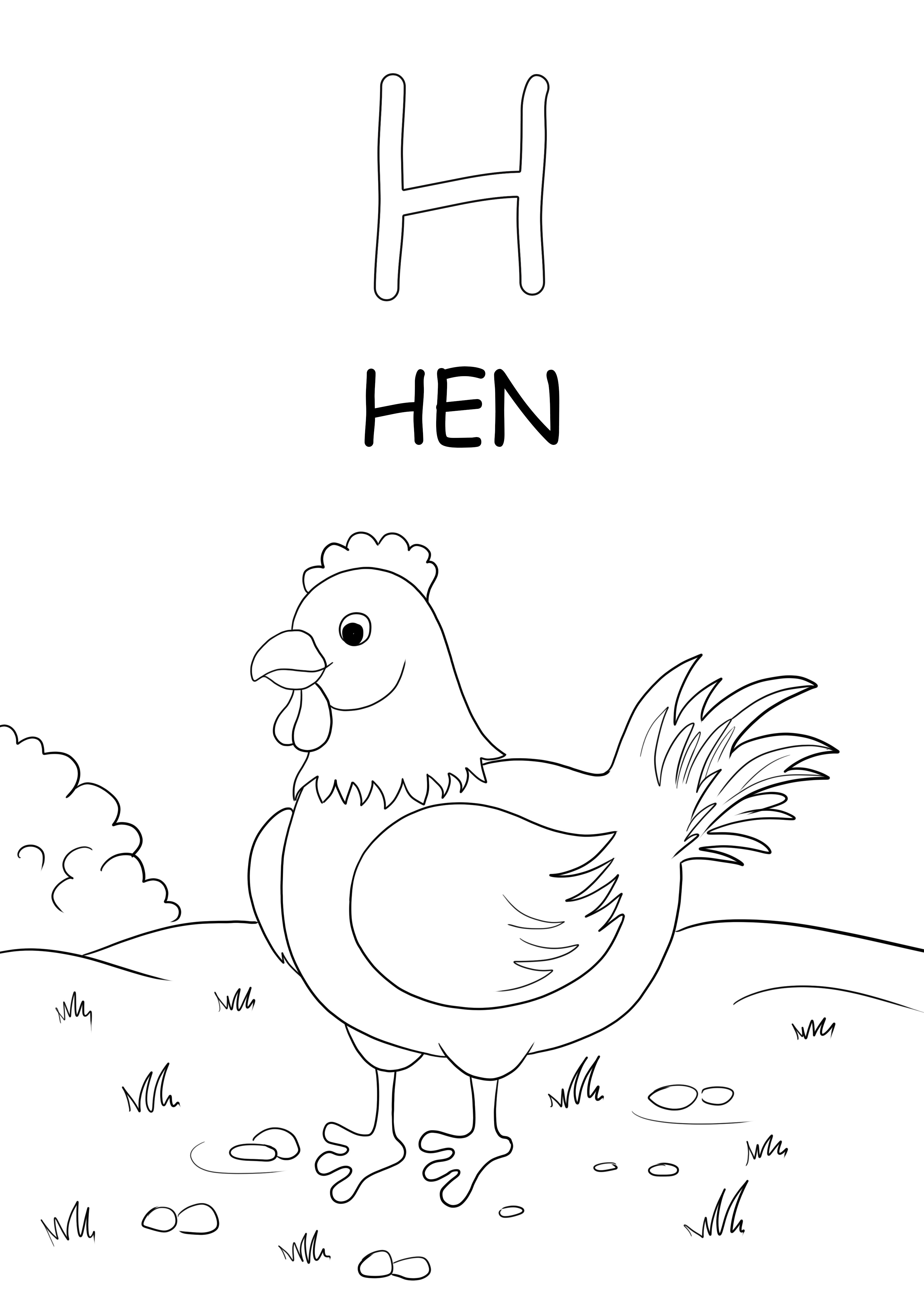 H is for HEN coloring sheet for free downloading
