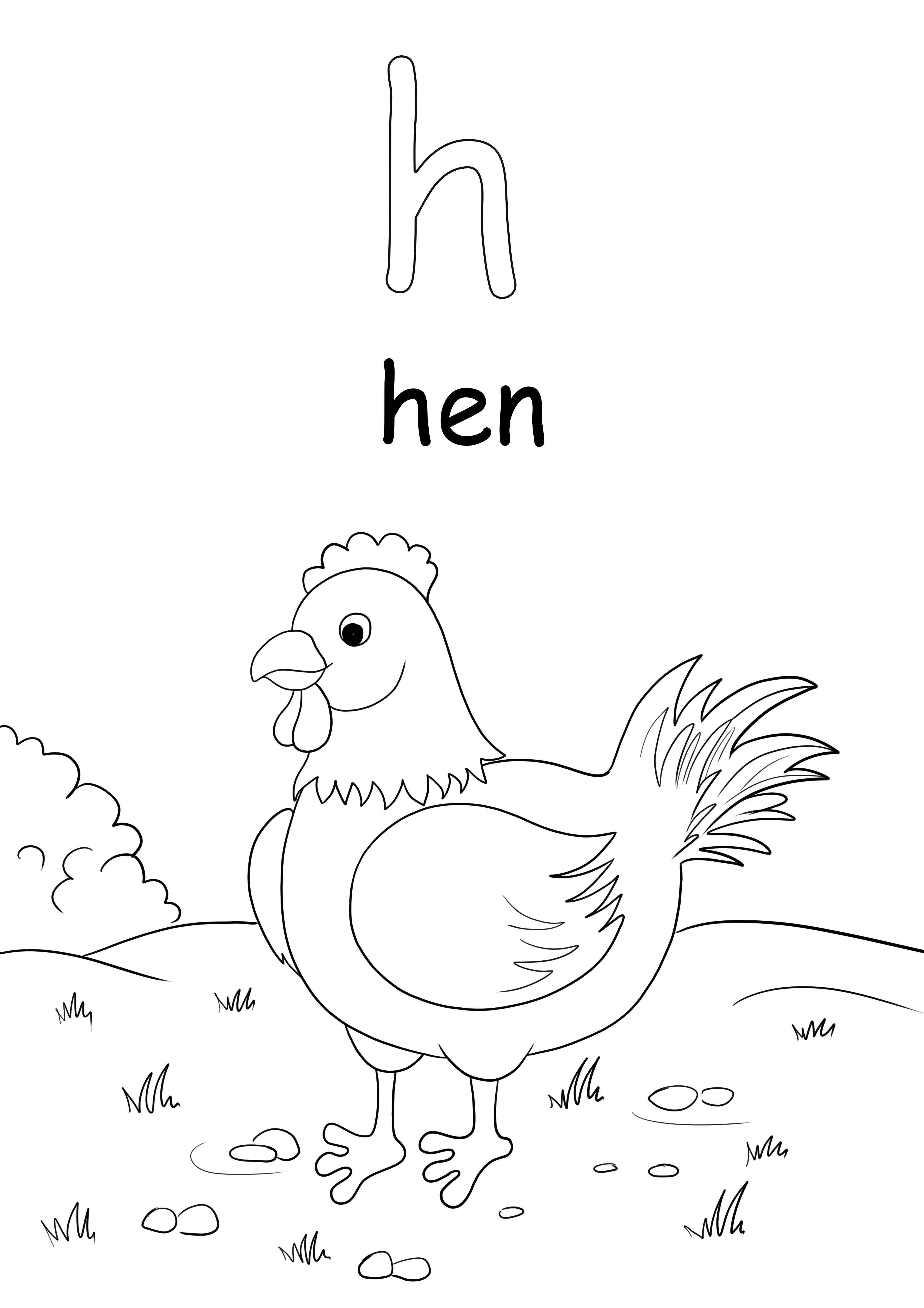 Huruf kecil h adalah untuk kata hen yang dapat dicetak gratis untuk anak-anak