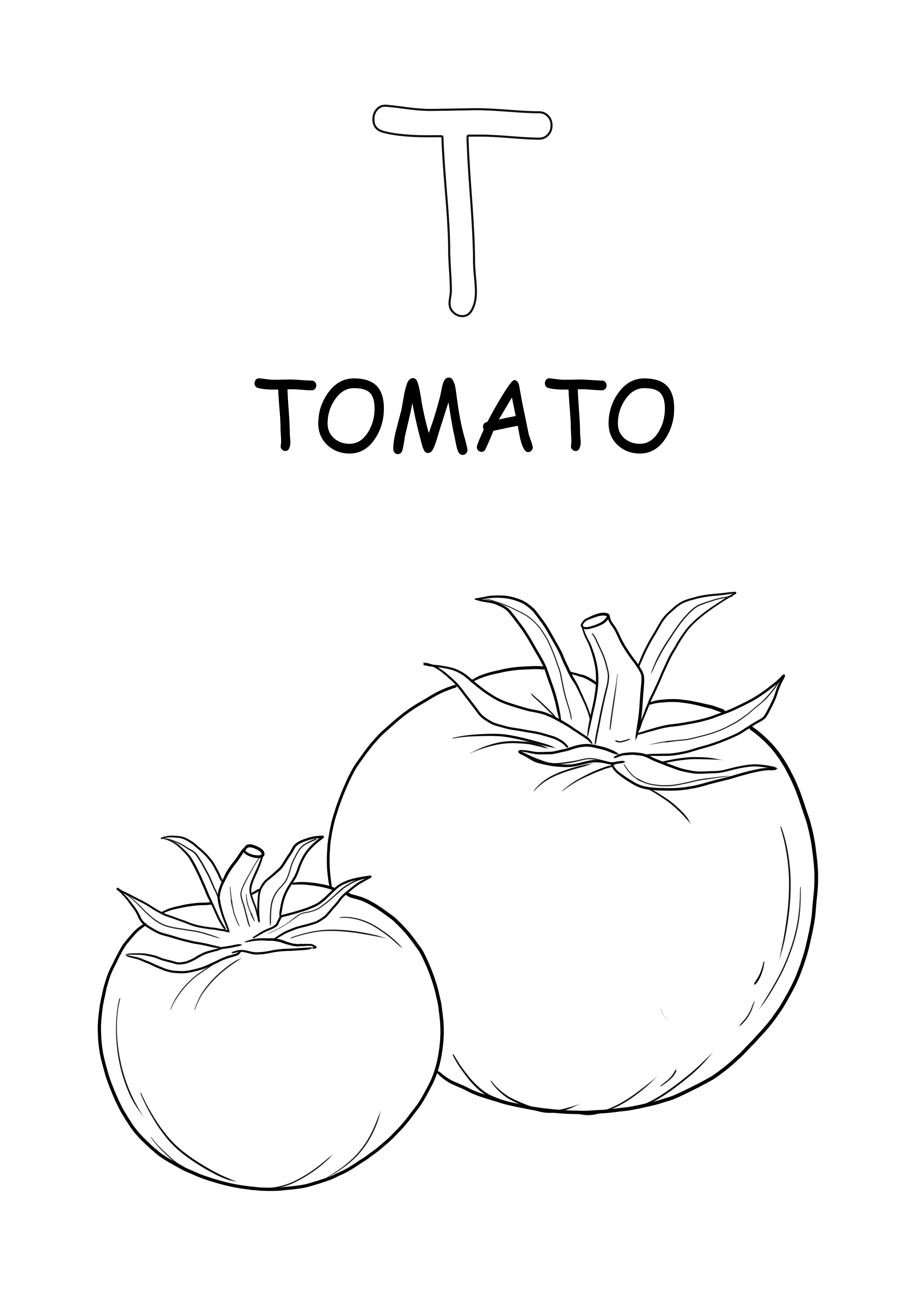 Tomatenwoord in hoofdletters en T-letters gratis te downloaden en eenvoudig in te kleuren kleurplaat