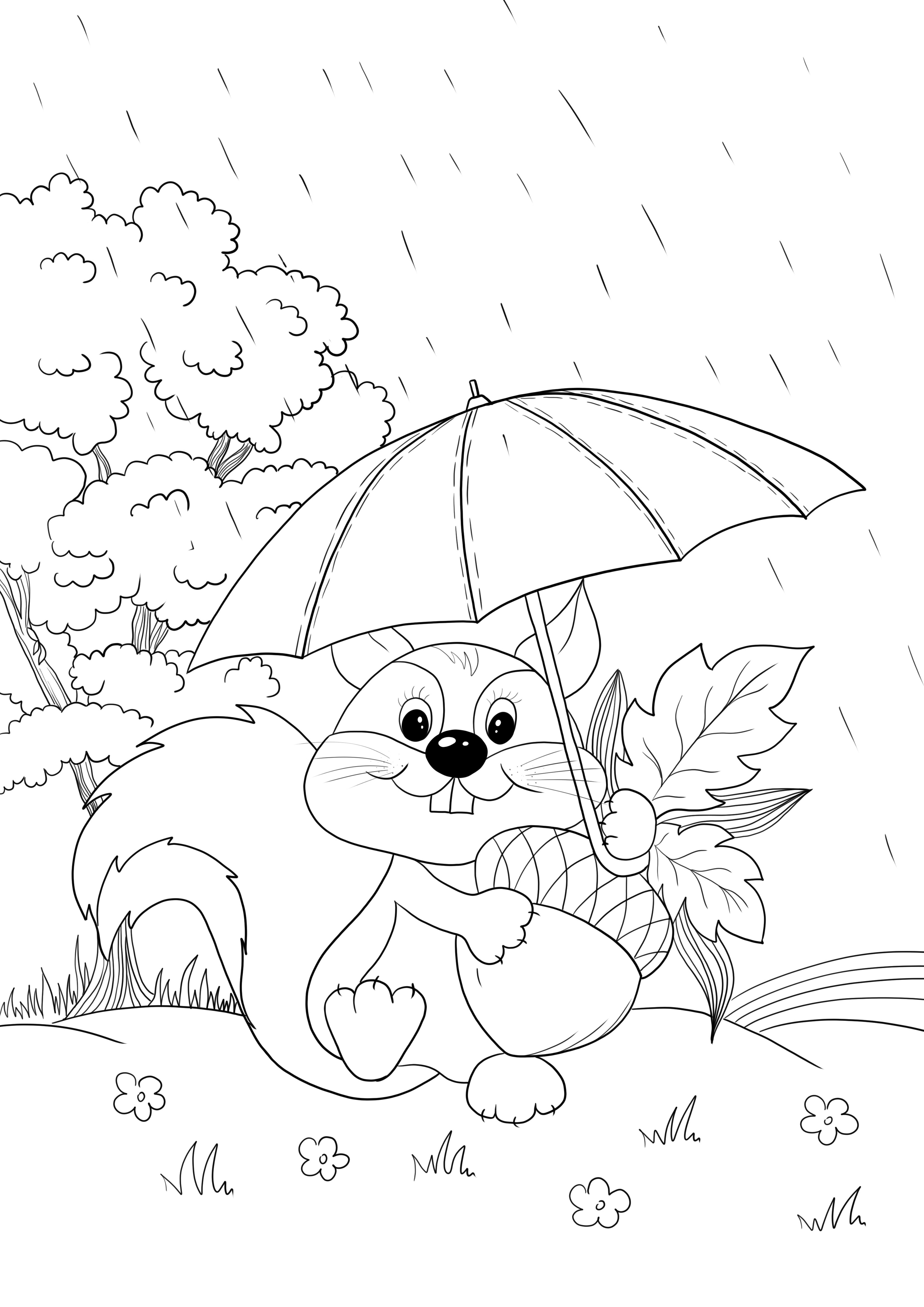 Een eekhoorn onder een paraplu om gratis te printen en te downloaden kleurplaat