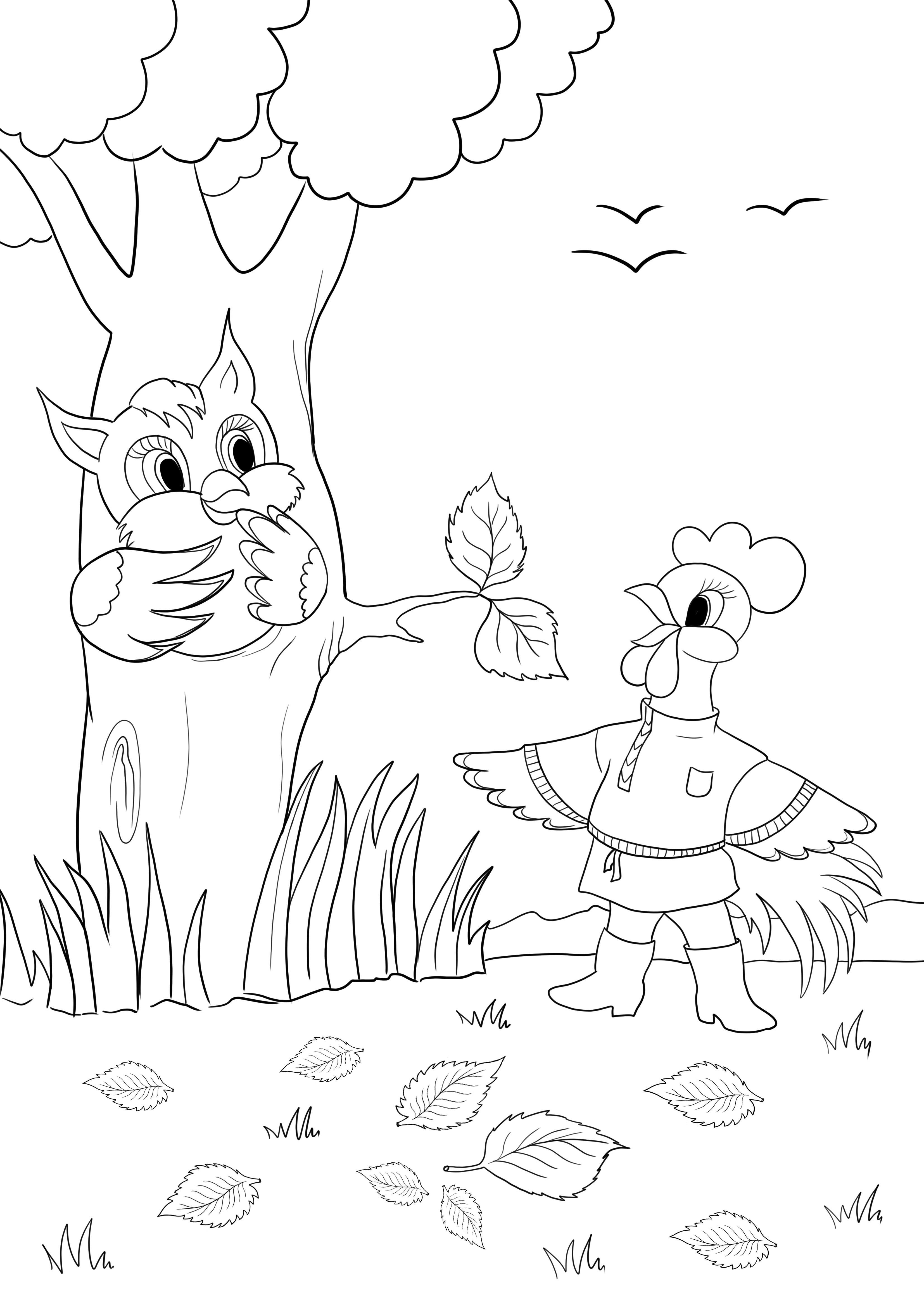 Singing owl and rooster in the forest downloading and coloring for free