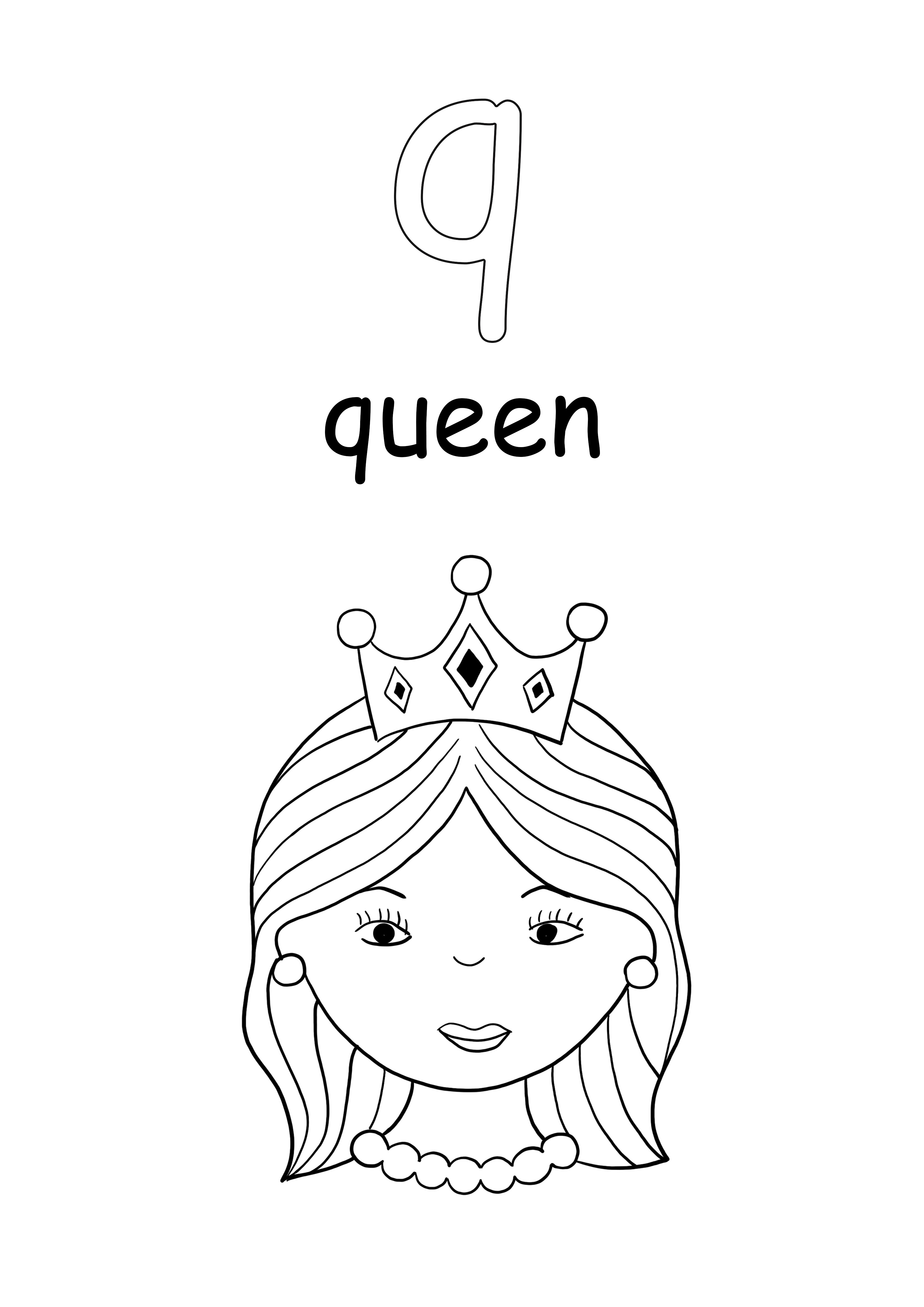 Cuvântul minuscule regina și litera q de colorat și descărcat gratuit
