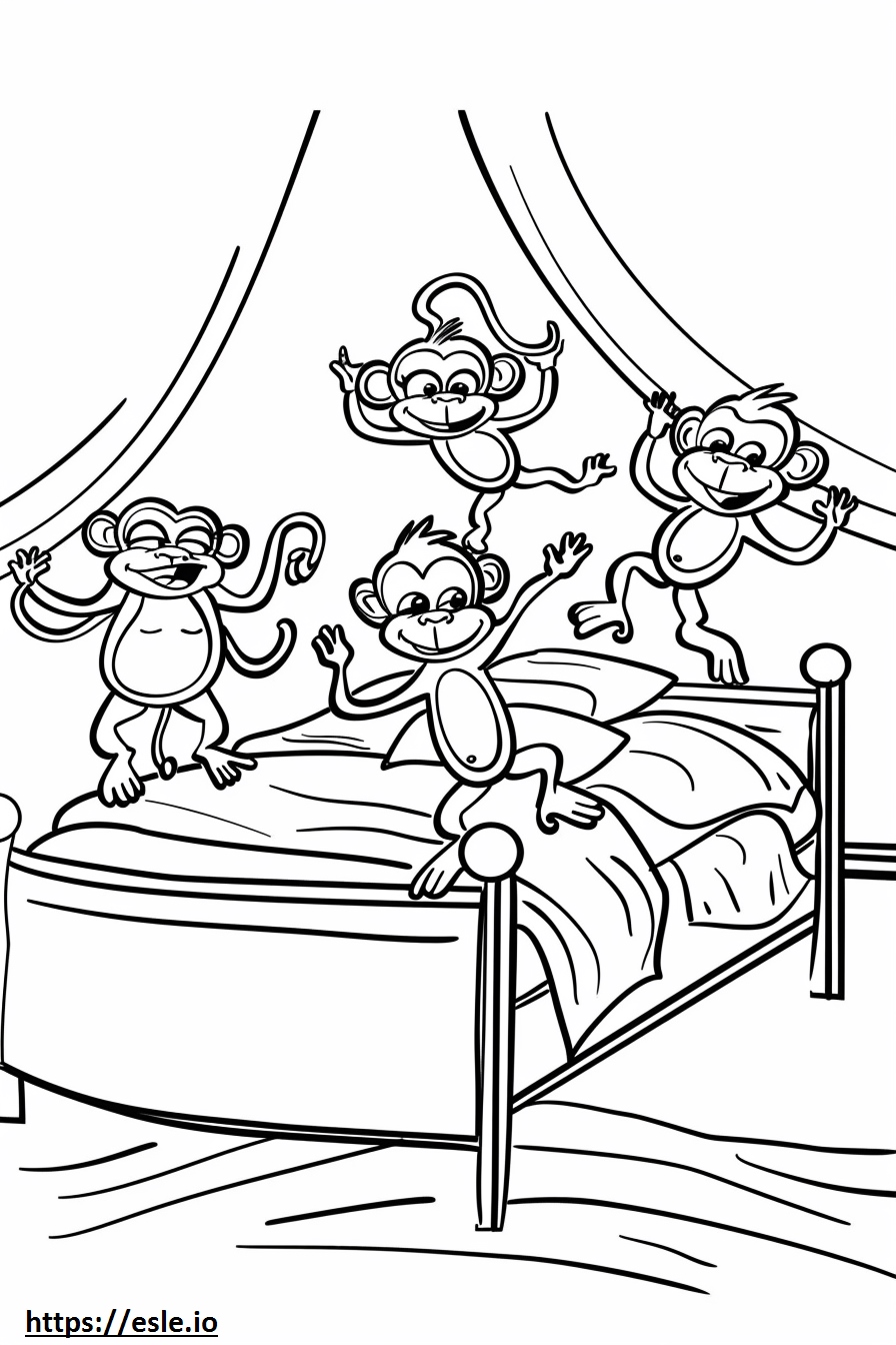 5 monkeys jumping on the bed coloring page
