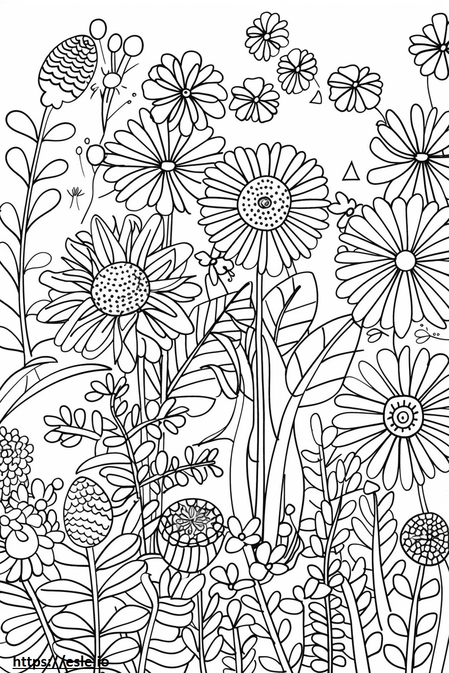 Giardino fiorito estetico da colorare: disegno gratis da stampare