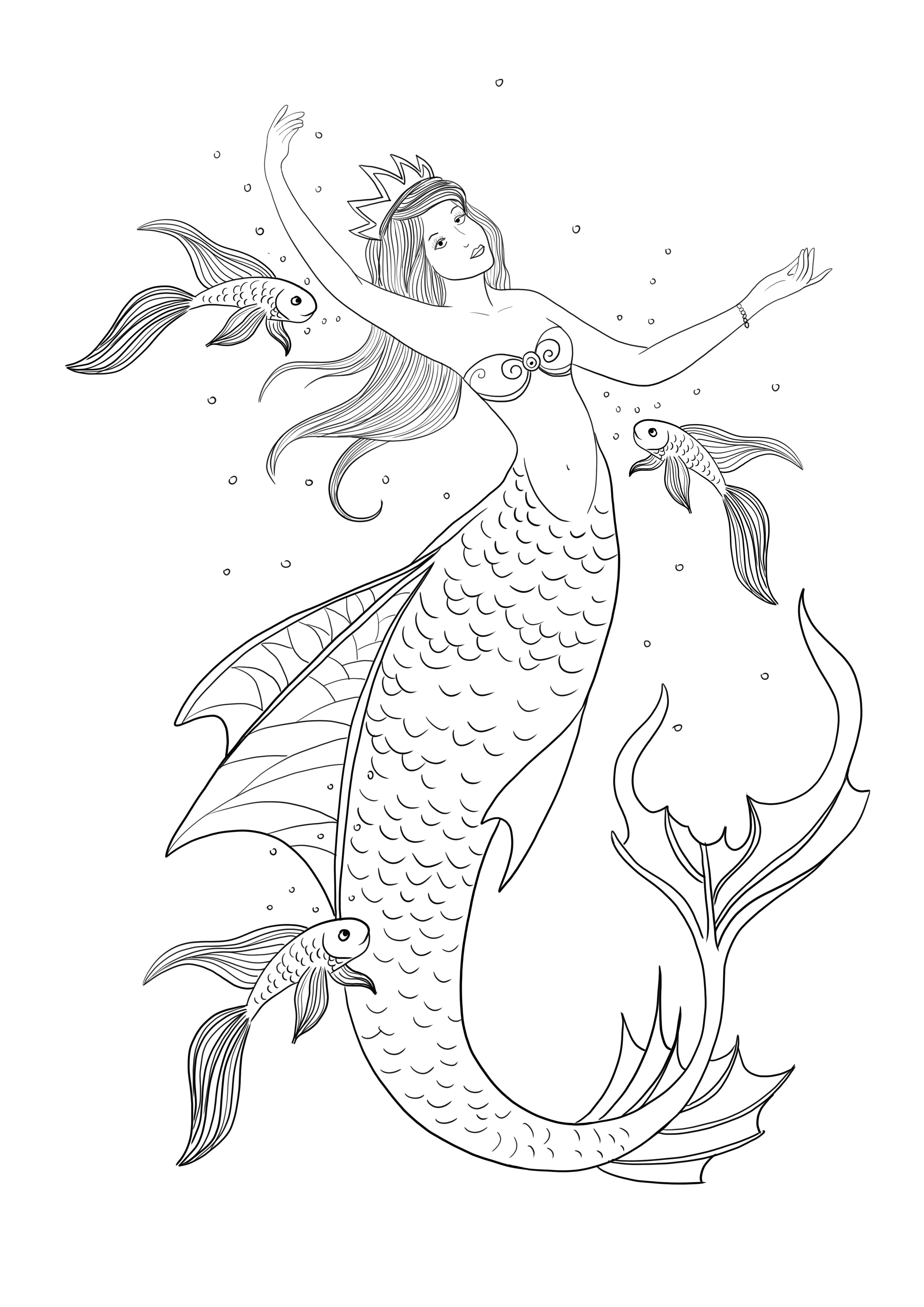 Gracious mermaid dancing free coloring and printing page