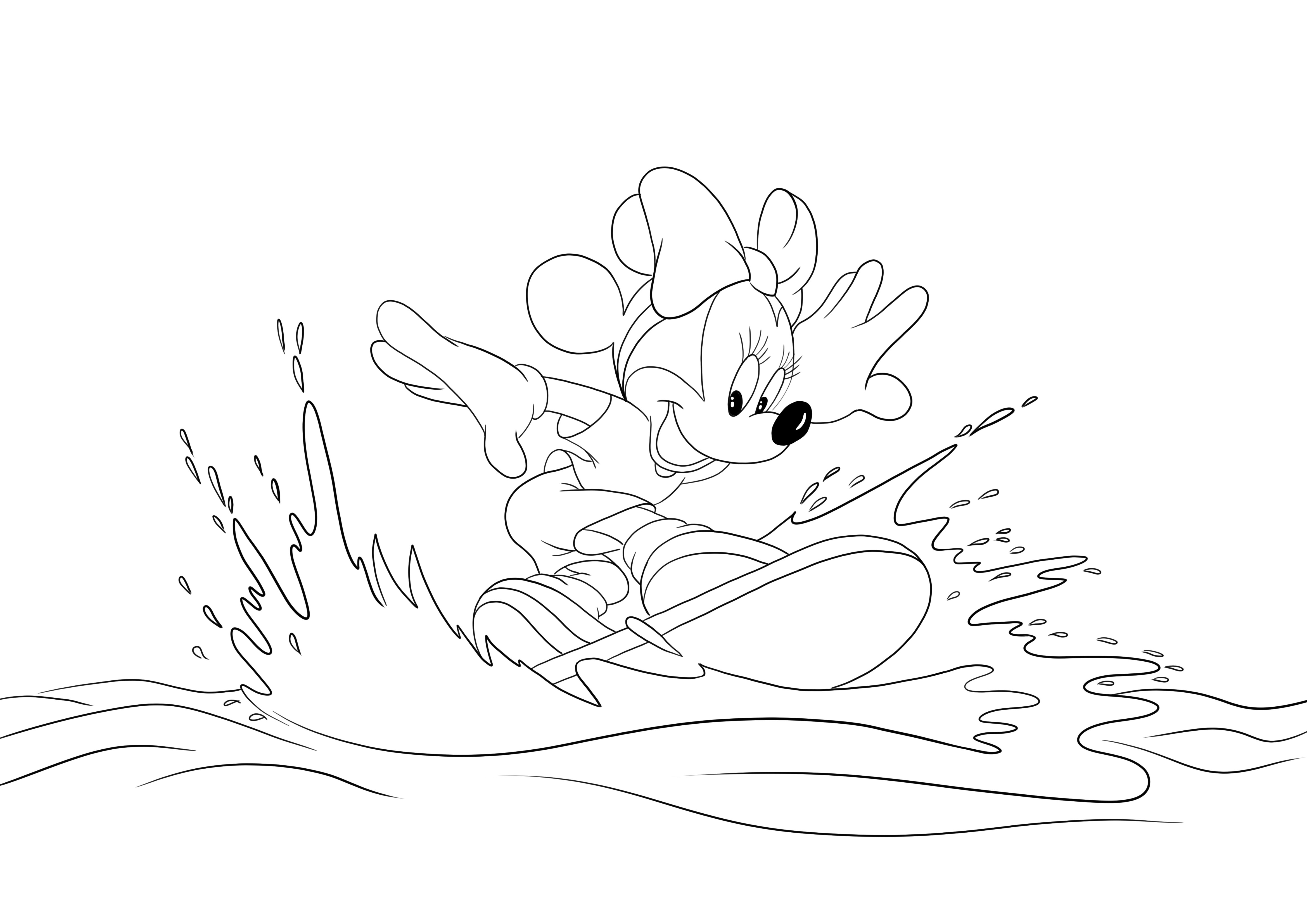 A great coloring image of Minnie surfing in the ocean for free downloading