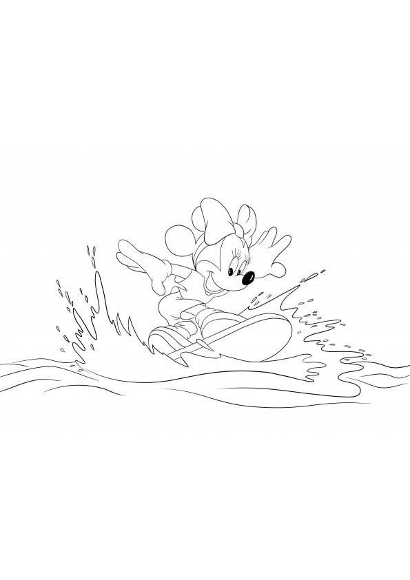 A great coloring image of Minnie surfing in the ocean for free downloading