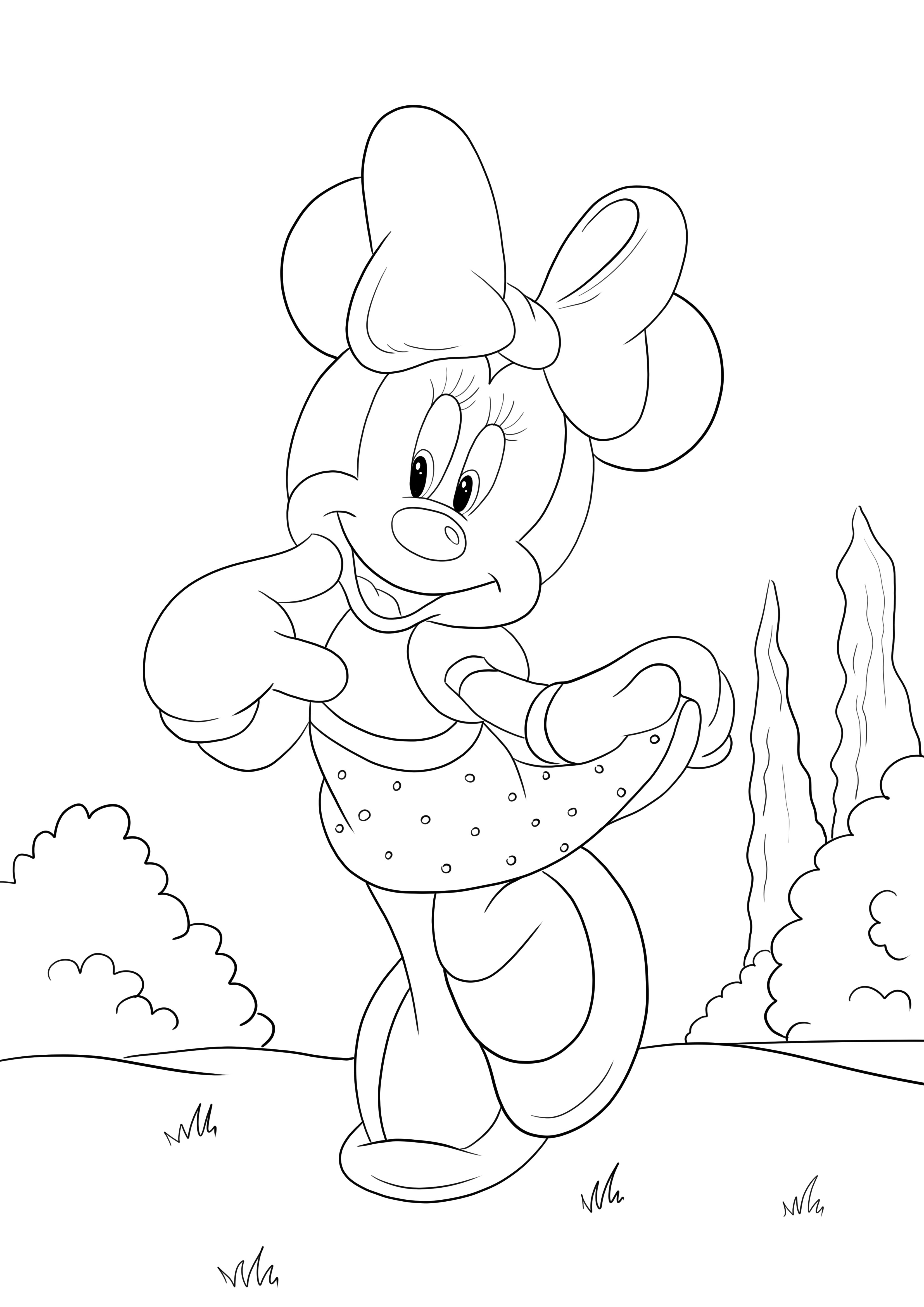 Minnie Mouse posing in a cute dress for coloring and print-free