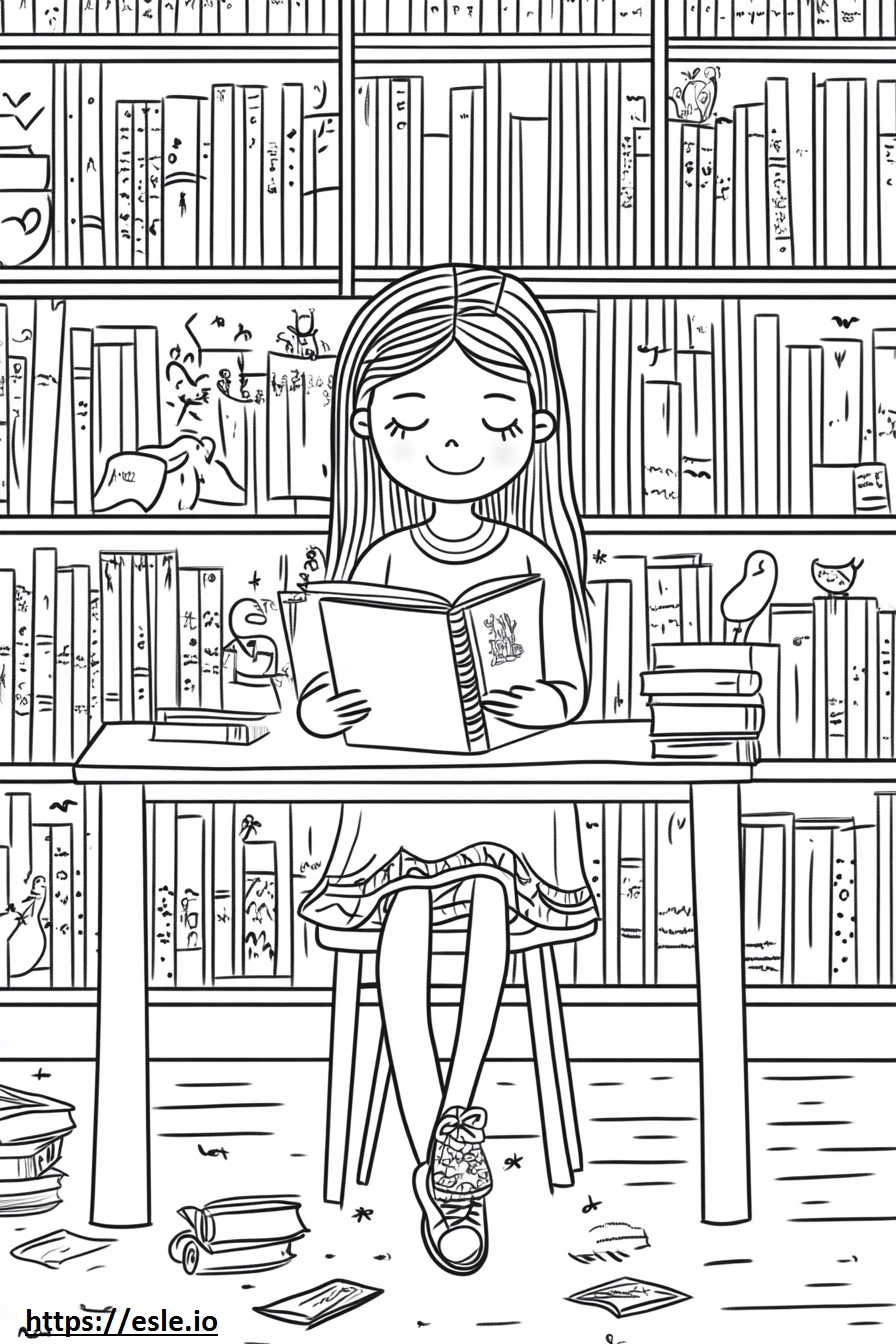 A girl studying at a library coloring page