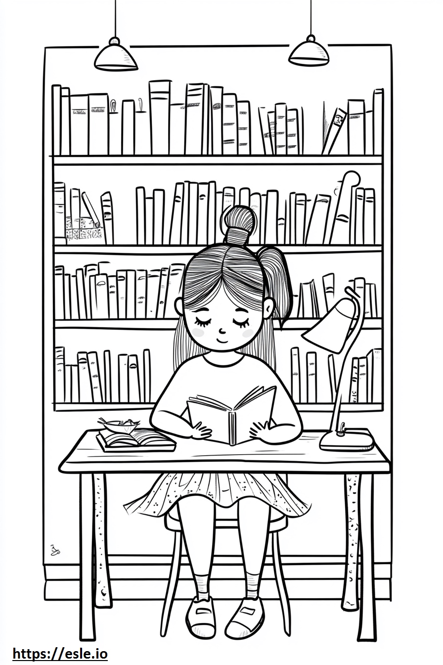 A girl studying at a library coloring sheet