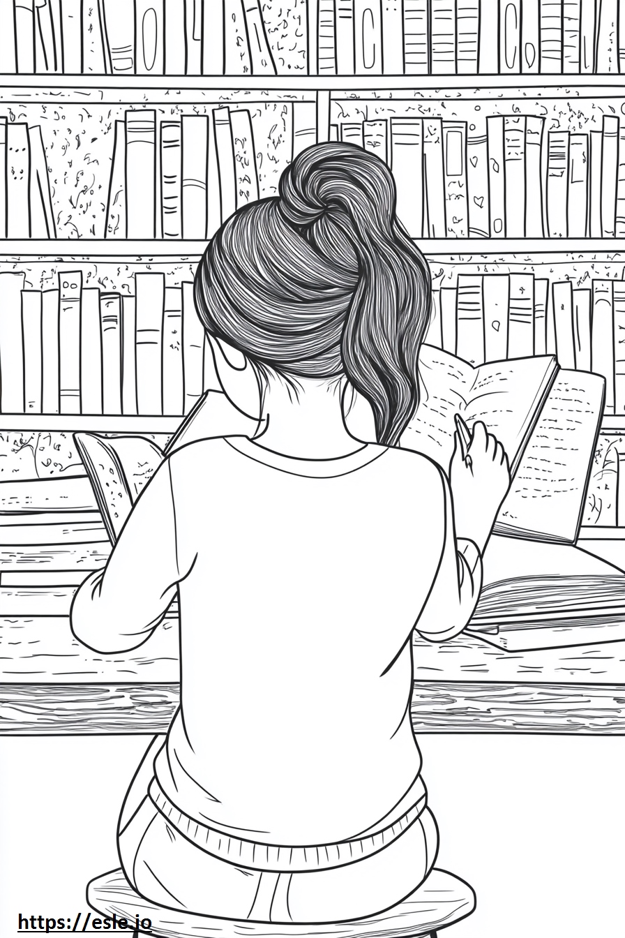 Una ragazza che studia in una biblioteca disegno da colorare