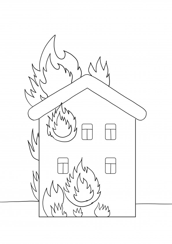 Free House on fire coloring image to print and color