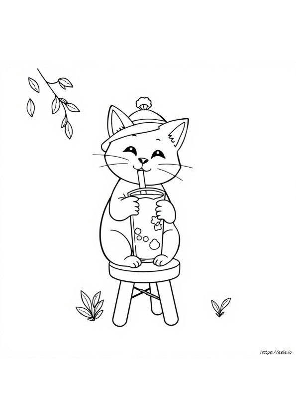 Cat Drinking Boba Coloring Page