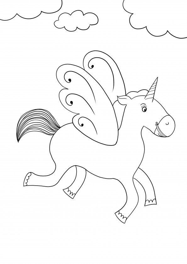 Simple coloring image of a flying unicorn free download