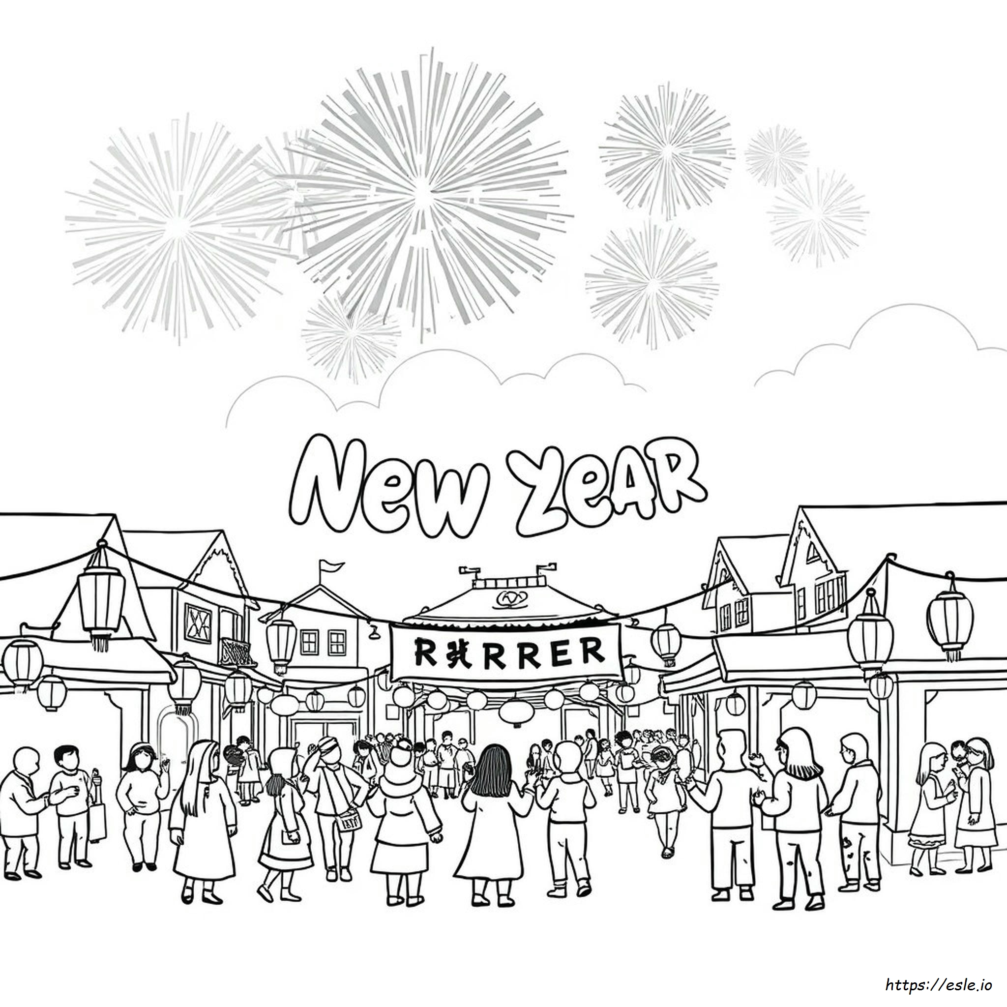 Happy New Year Coloring Page - Fireworks and Party