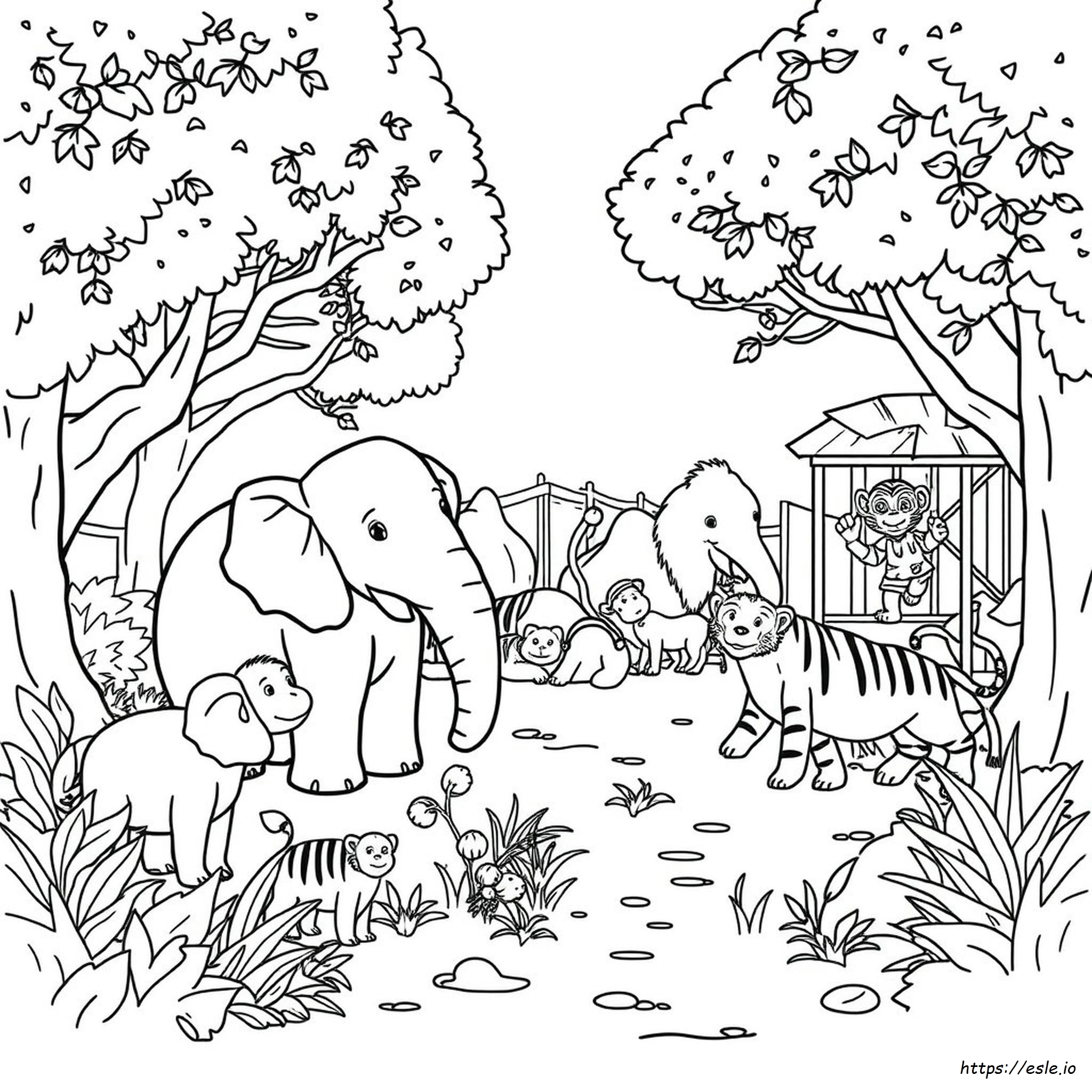 Gambar Mewarnai Kebun Binatang: Gajah, Monyet, Harimau