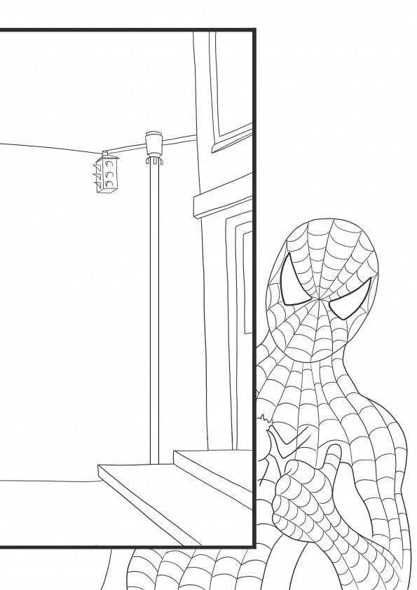 Spiderman is spying over a window-free coloring and printing image