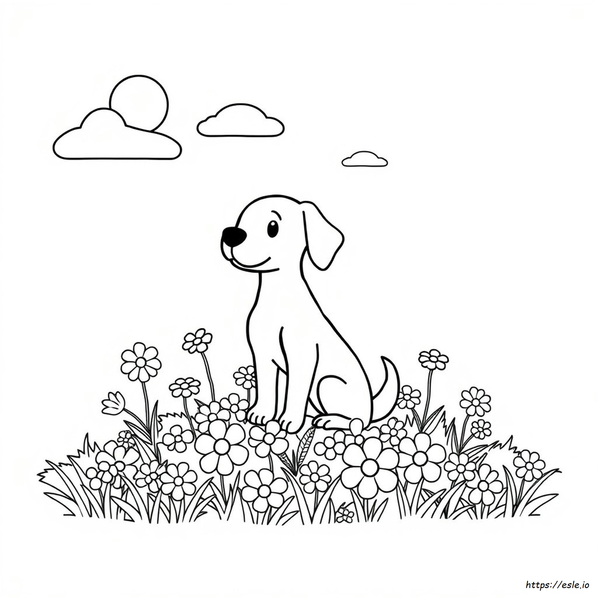 Anjing Dengan Bunga Gambar Mewarnai - Gratis