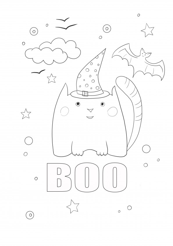 Halloween boo cat and bats ilmaiseksi ladattava ja väritettävä sivu