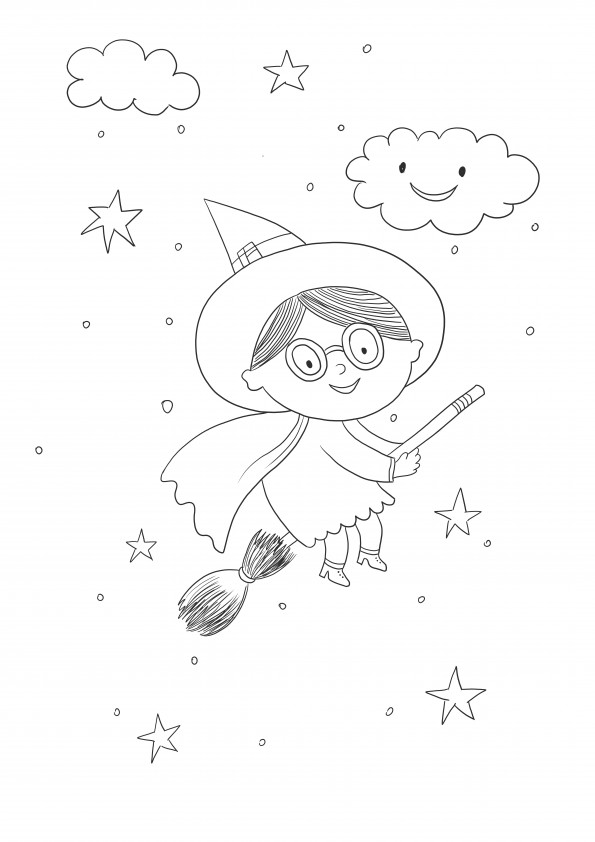 Witch girl flying on a broomstick printable for free to color for kids