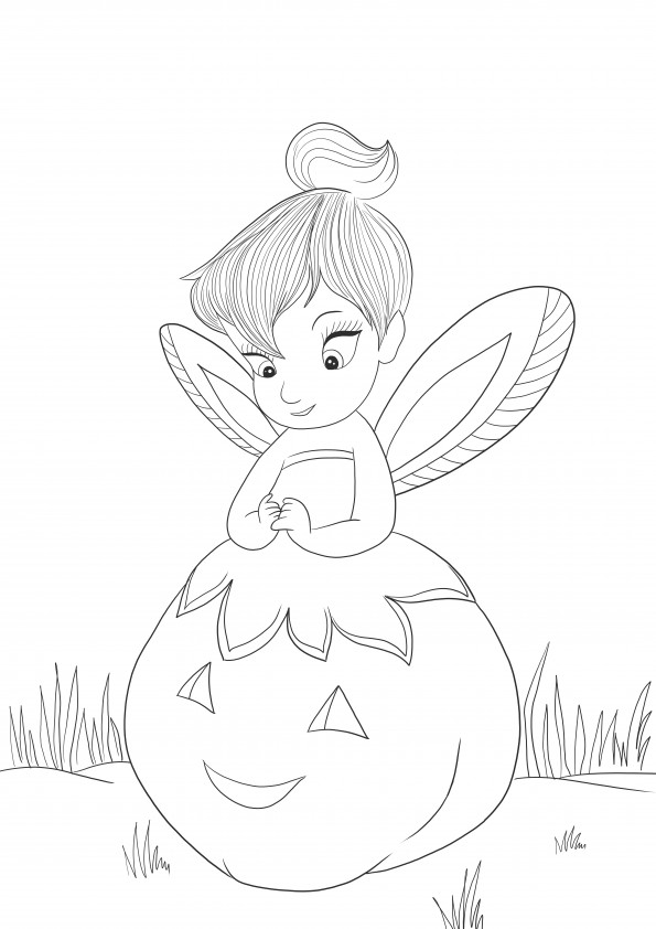 Funny Pumpkin Tinkerbell-easy Halloween coloring image for free