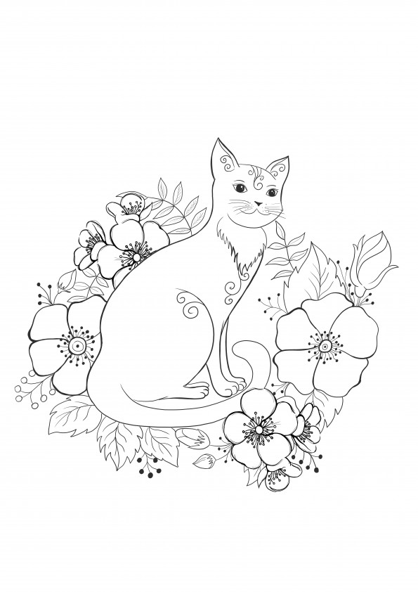Ücretsiz ve renkli sayfa yazdırmak için çiçeklerle çevrili vahşi kedi