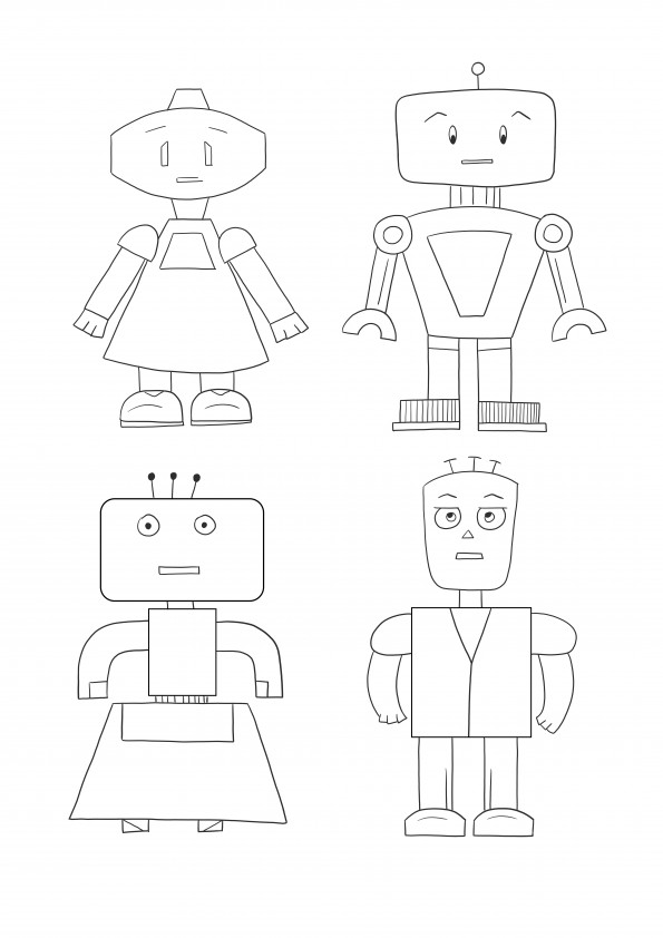 Çocuklar için sevimli robotlar sayfasının ücretsiz yazdırılması ve renklendirilmesi