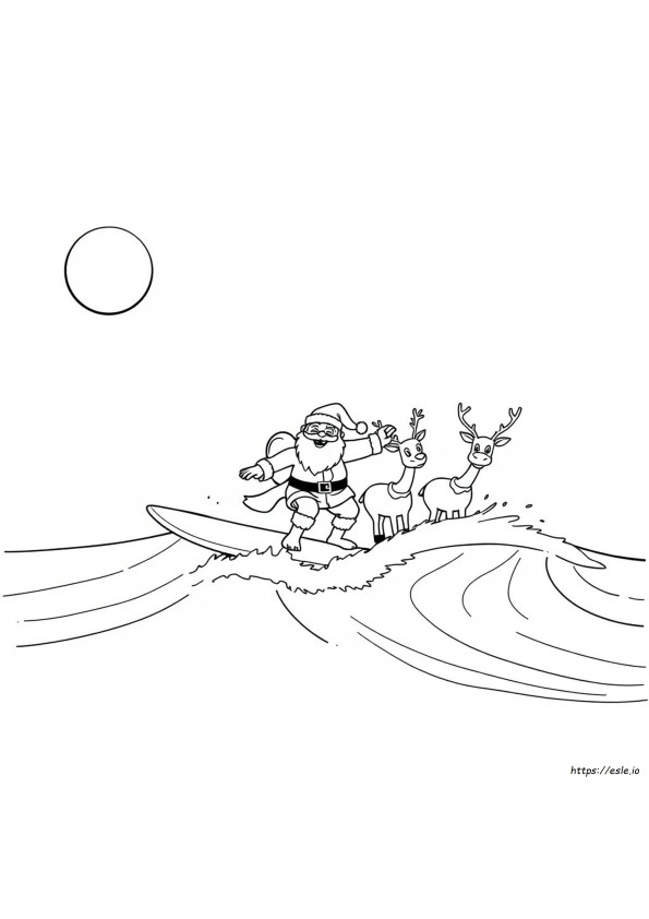 Surfing Santa And Reindeer Coloring Page