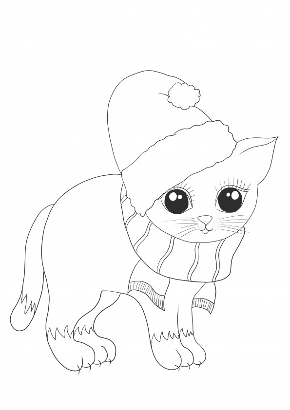 Free to download cute Christmas Kitten to color for kids