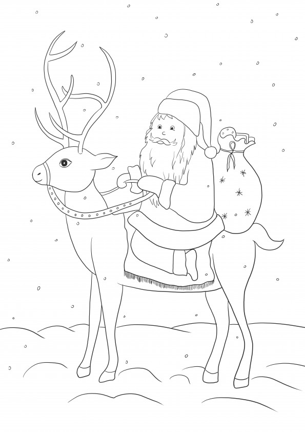Imagen de impresión de Papá Noel montando reno gratis y para colorear