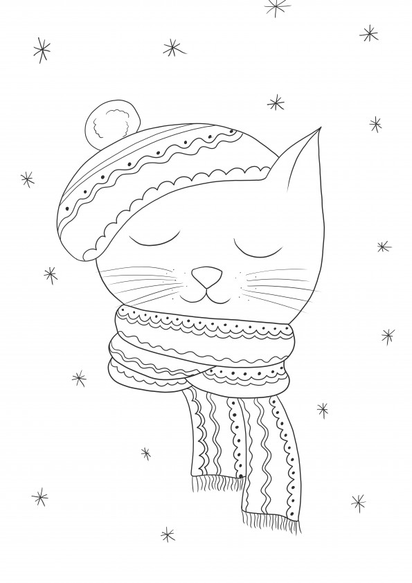 Winter cat-a free printable for easy coloring for kids
