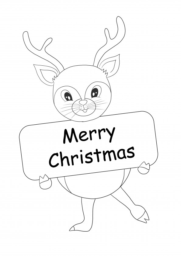 Uma rena fofa segurando um cartão de Feliz Natal para imprimir gratuitamente para colorir