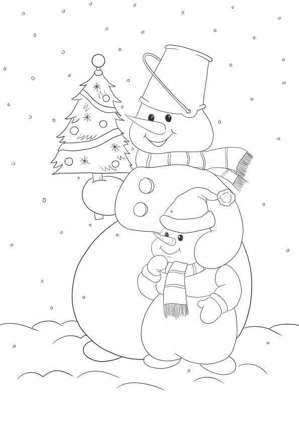 Bonhommes de neige père et fils apportant le sapin de Noël gratuit à imprimer