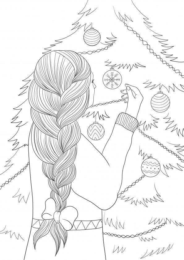 A girl decorating a Christmas tree free to color and print for kids