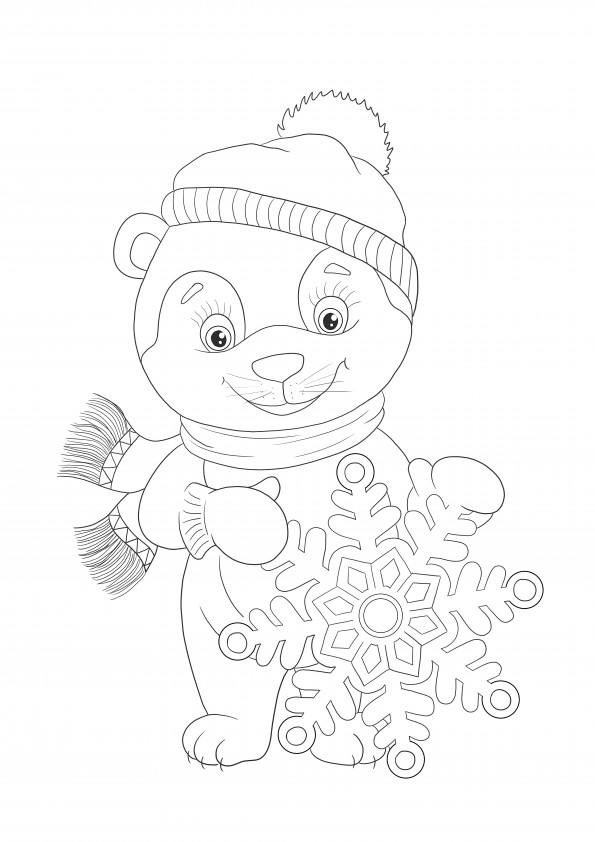 Seekor beruang lucu memegang lembar mewarnai sederhana kepingan salju secara gratis