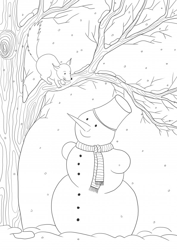 Leuke sneeuwman en de eekhoorn in het winterbos gratis te printen om in te kleuren