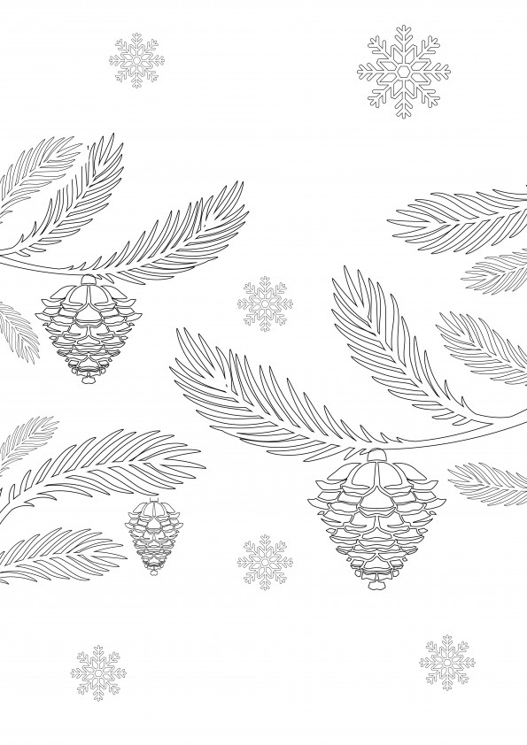 Invierno nevando sobre ramas de pino y piñas para colorear, pintar e imprimir gratis