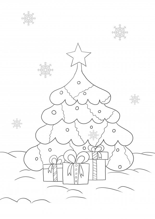 Een gratis afdrukbare van een kerstboom en cadeautjes eronder om in te kleuren