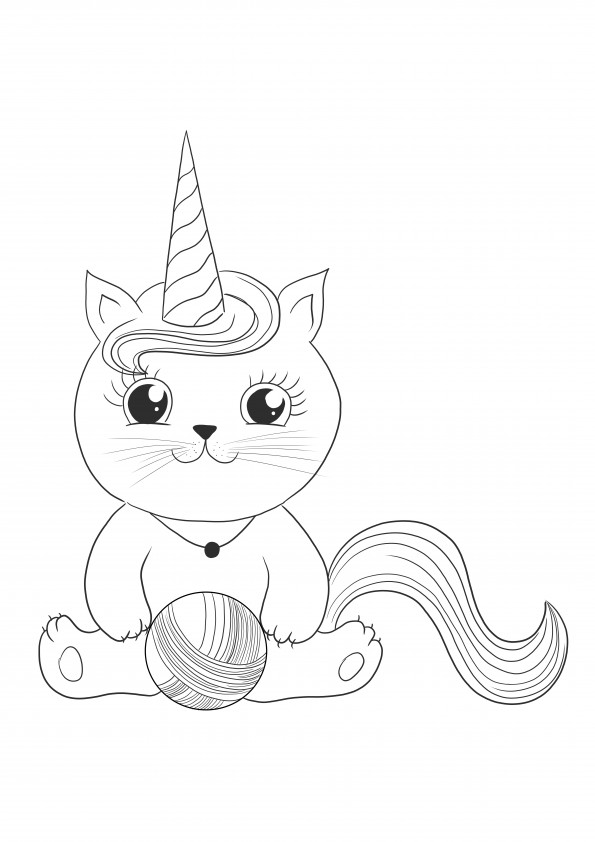 Unicorn cat playing with a thread ball coloring sheet for free printing