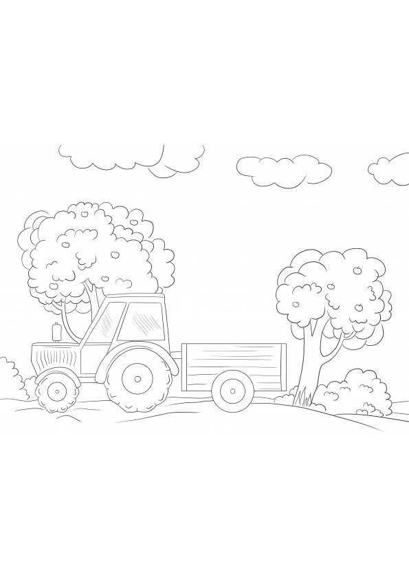 Feuille facile à colorier d'un tracteur et d'une remorque et gratuite à imprimer et à télécharger