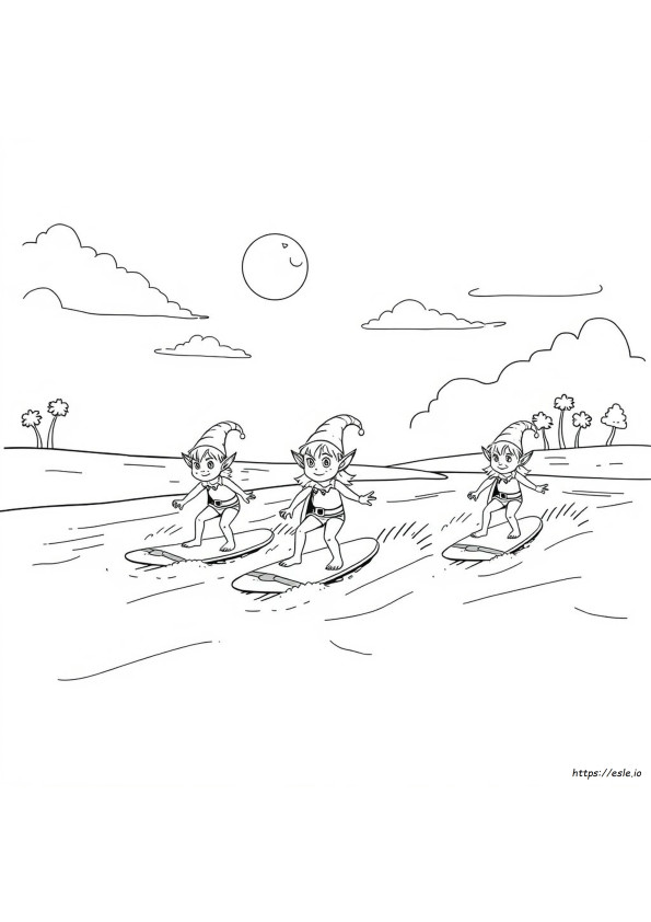 Elfos Surfeando: Página Para Colorear Fácil